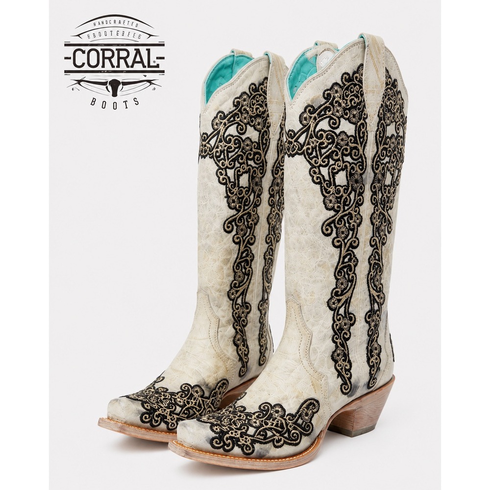 NEW‎ Corral White Black Embroidered Western Cowgirl Boots Snip Toe Rodeo 6.5